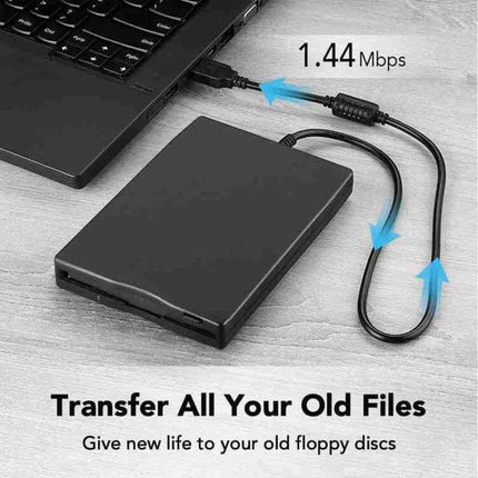 Portable 3.5 Inch External Floppy Disk Drive for Data Access connected via USB to laptop transferring old 1.44MB floppy files