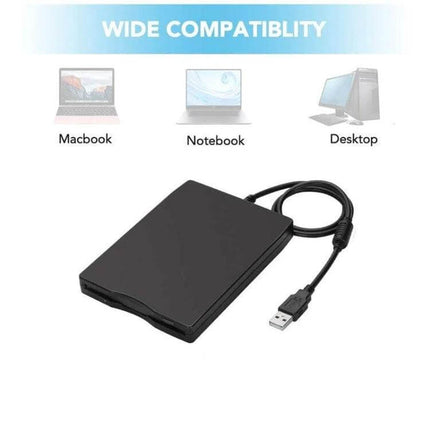 Portable 3.5 Inch External Floppy Disk Drive for Data Access black USB external floppy drive showing cable and wide compatibility
