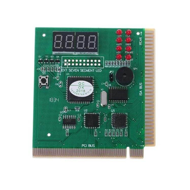Four-Digit PCI Diagnostic Card for Motherboard Troubleshooting showing PCB with four-digit display, LED indicators and PCI/ISA edge connector