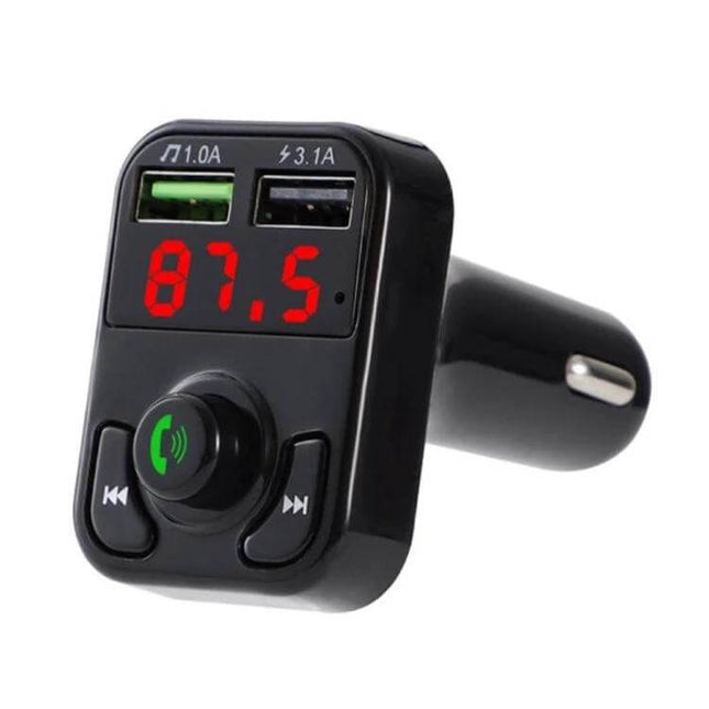 X3 Wireless Handsfree Car Kit With FM Transmitter For In Car Use compact black FM transmitter with LED 87.5 display and dual USB ports