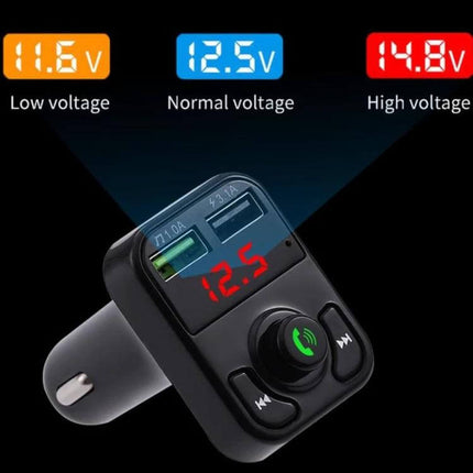 X3 Wireless Handsfree Car Kit With FM Transmitter For In Car Use showing dual USB ports, digital voltage display (12.5V) and control buttons