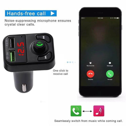 X3 Wireless Handsfree Car Kit With FM Transmitter For In Car Use showing device in car socket with USB ports, FM display, and phone call screen
