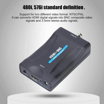 HDMI to BNC Video Converter for Older TVs and Recorders black converter box showing HDMI input, BNC output and 3.5mm audio jack