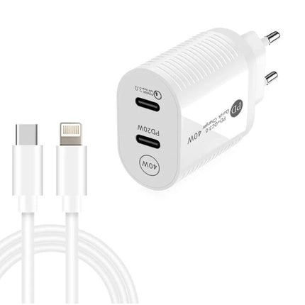 Essential charger for daily device use at home and on the go dual-port PD 40W white compact travel charger with USB-C and Lightning cable