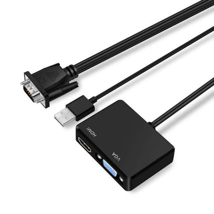 Adapter for Connecting VGA Devices to HDMI and VGA Displays with Audio black converter box showing VGA, HDMI and USB connectors for presentations