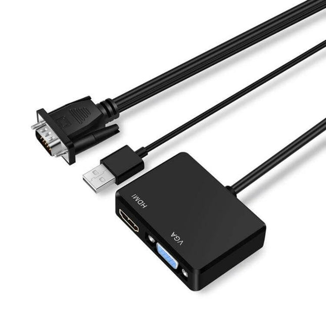 Adapter for Connecting VGA Devices to HDMI and VGA Displays with Audio black converter box showing VGA, HDMI and USB connectors for presentations