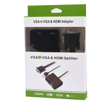 Adapter for Connecting VGA Devices to HDMI and VGA Displays with Audio in retail packaging showing VGA cable and HDMI connector