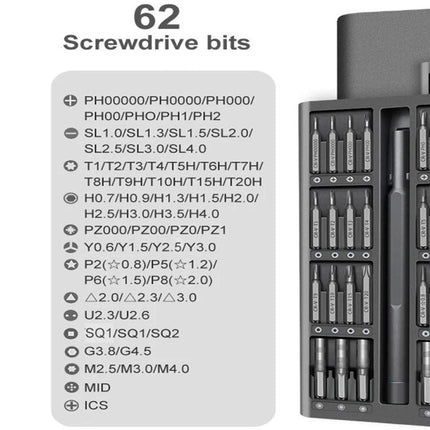 Versatile 63-in-1 Screwdriver Set for Electronics Maintenance with 62 precision bits, magnetic alloy handle and CR-V steel bits for smartphone and laptop repair