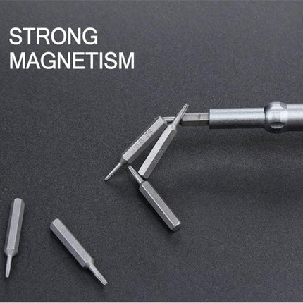Versatile 63-in-1 Screwdriver Set for Electronics Maintenance — close-up of magnetic handle holding multiple CR-V steel bits for precise electronics repair