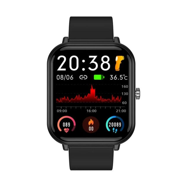 Q9pro Smart Watch For Everyday Health And Activity Tracking - black smartwatch showing time, heart rate graph, steps and activity rings