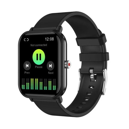Q9pro Smart Watch For Everyday Health And Activity Tracking black smartwatch showing music controls and activity metrics on screen