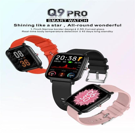 Q9pro Smart Watch For Everyday Health And Activity Tracking - three color models showing fitness tracking screens and straps