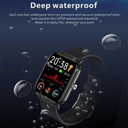 Q9pro Smart Watch For Everyday Health And Activity Tracking showing waterproof black model with heart rate, steps and sleep monitoring on display