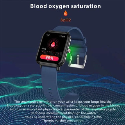 Q9pro Smart Watch For Everyday Health And Activity Tracking - smartwatch displaying SpO2 blood oxygen 98% with blue strap for activity and sleep monitoring