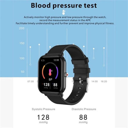 Q9pro Smart Watch For Everyday Health And Activity Tracking showing blood pressure 128/88 mmHg on black smartwatch with activity ring