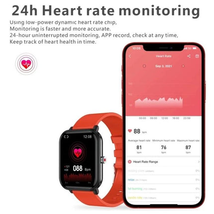 Q9pro Smart Watch For Everyday Health And Activity Tracking showing 24h heart rate monitoring on smartwatch and mobile app