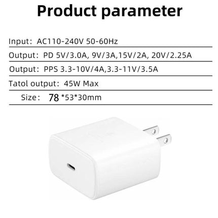USB-C Charger for Daily Device Powering at Home and Travel white 45W PD specs compact wall charger 78x53x30mm