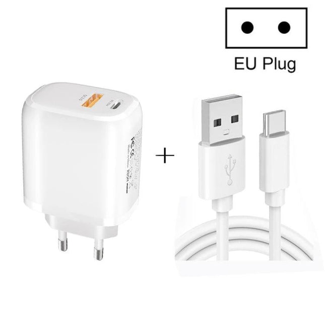 Compact Charger for Everyday Device Powering On the Go - white EU plug dual USB fast charging adapter with USB-C cable