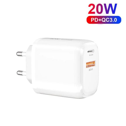 Compact Charger for Everyday Device Powering On the Go white dual-port 20W PD+QC3.0 travel wall charger