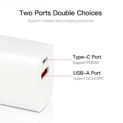 Compact Charger for Everyday Device Powering On the Go - white dual-port charger with Type-C PD20W and USB-A QC3.0 labeling