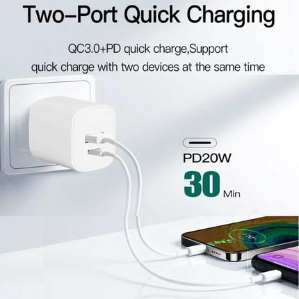 Compact Charger for Everyday Device Powering On the Go - white two-port wall charger fast charges smartphone and tablet via PD20W