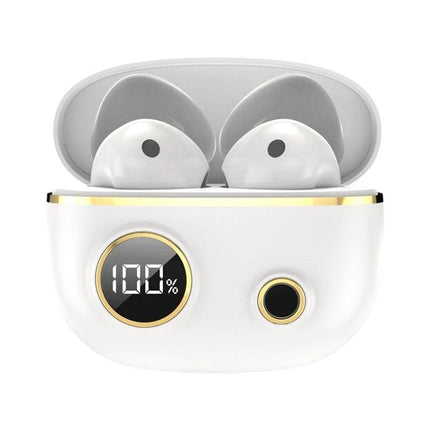 TWS Wireless Earbuds For Running Gym And Daily Commute white earbuds in charging case with LED battery display and gold trim