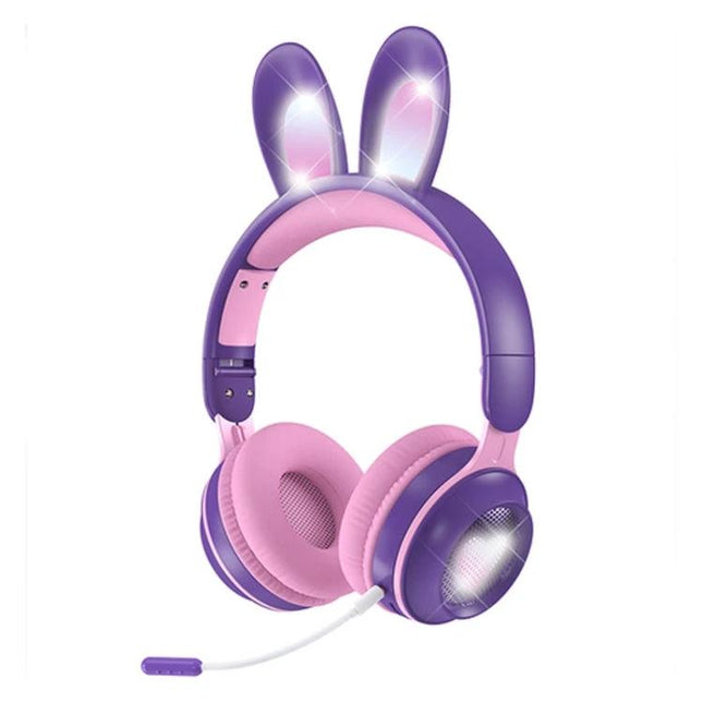Rabbit Ear Foldable Bluetooth Headset With Mic For Everyday Use in purple pink, foldable design, built-in mic and 3.5mm backup jack
