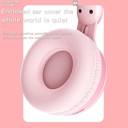 Rabbit Ear Foldable Bluetooth Headset With Mic For Everyday Use close-up of pink cushioned ear pad and foldable hinge, wired backup jack