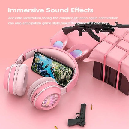 Rabbit Ear Foldable Bluetooth Headset With Mic For Everyday Use pink gaming headset with phone display and foldable ear design