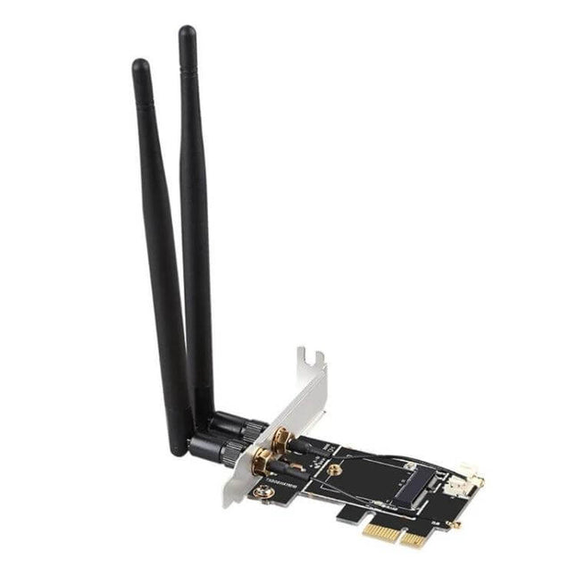 Passive PCI-E Adapter for M.2 NGFF Wireless Cards in Desktops showing adapter with dual external antennas and M.2 slot