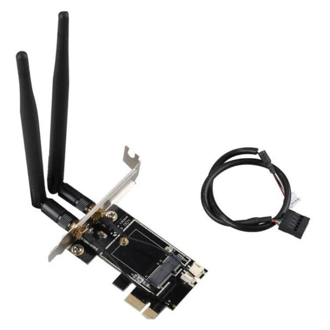Passive PCI-E Adapter for M.2 NGFF Wireless Cards in Desktops showing adapter, antennas and USB header cable