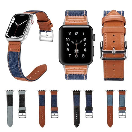 Denim Canvas Leather Replacement Watch Band For Apple Watch | Syndmart