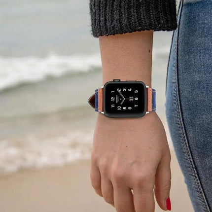 Denim Canvas Leather Replacement Watch Band For Apple Watch | Syndmart
