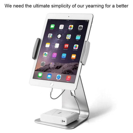 Universal Aluminum Tablet Stand for 7-13 Inch Devices holding a 9.7-inch tablet with silicone grips, angled for video calls and hands-free use