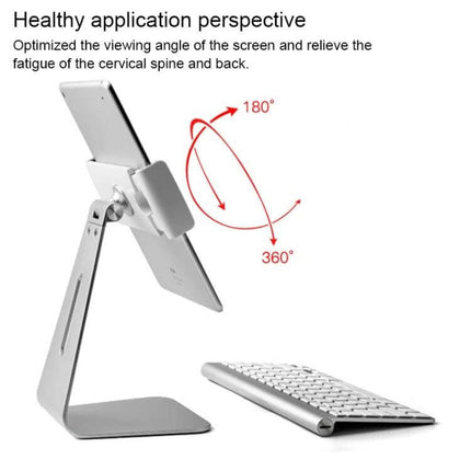 Universal Aluminum Tablet Stand for 7-13 Inch Devices showing adjustable 180° tilt and 360° rotation with silicone protection holding tablet beside wireless keyboard