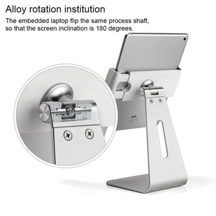 Universal Aluminum Tablet Stand for 7-13 Inch Devices showing silver aluminum stand with tablet mounted and 180° adjustable hinge