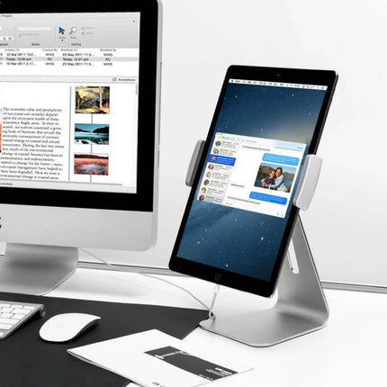 Universal Aluminum Tablet Stand for 7-13 Inch Devices holding a tablet at desk for video calls and hands-free viewing