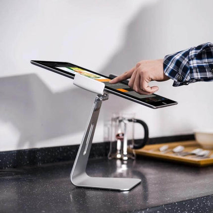 Universal Aluminum Tablet Stand for 7-13 Inch Devices on kitchen counter holding tablet for hands-free viewing
