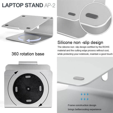 Aluminum Adjustable Laptop Stand for 11-17 Inch Laptops - silver ergonomic aluminum stand with silicone non-slip pads and 360° rotation base