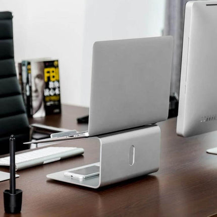 Aluminum Adjustable Laptop Stand for 11-17 Inch Laptops elevating laptop and smartphone on desk for ergonomic viewing