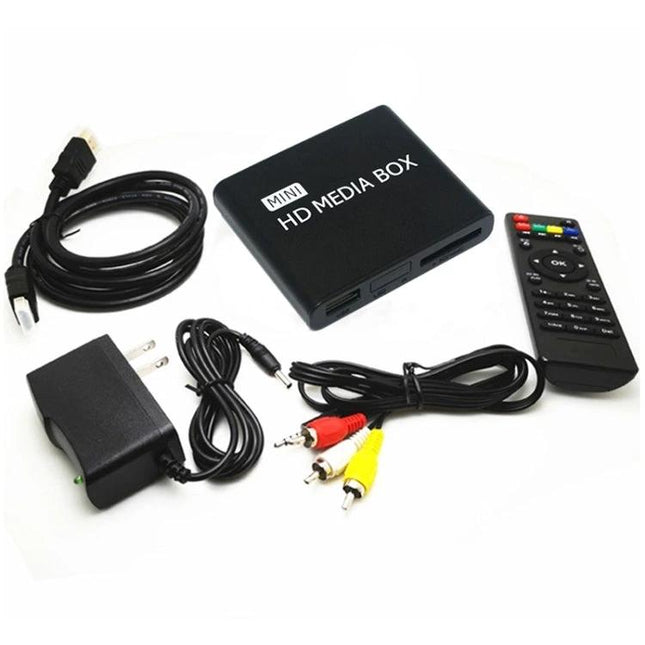 Compact External Multimedia Player for Home and Commercial Use - mini HD media box with remote, HDMI cable, AV leads and power adapter