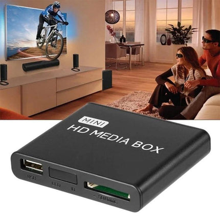 Compact External Multimedia Player for Home and Commercial Use showing mini HD media box with USB and SD slots in living room setup