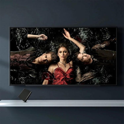 Compact External Multimedia Player for Home and Commercial Use showing movie playback on a wall-mounted TV with USB/SD media