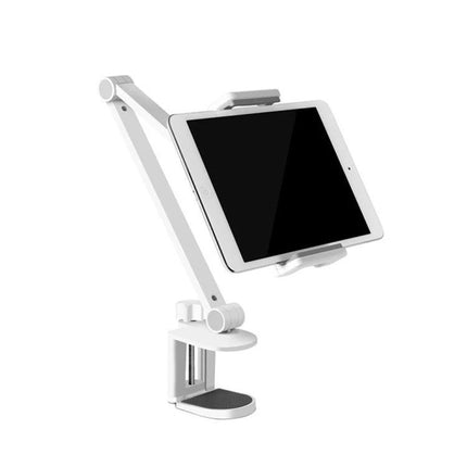 Adjustable Lazy Arm Holder for Phones and Tablets holding a 10-inch tablet on adjustable aluminum arm for hands-free viewing