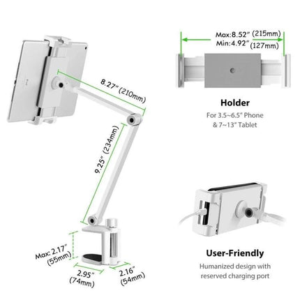 Adjustable Lazy Arm Holder for Phones and Tablets showing aluminum adjustable arm, clamp base, and device holder with measurements