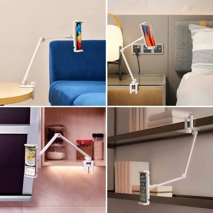 Adjustable Lazy Arm Holder for Phones and Tablets mounted on couch, bedside table, shelf and kitchen for hands-free viewing
