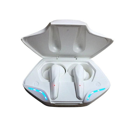 True Wireless In Ear Earbuds With Low Latency For Mobile Gaming white TWS-G11 earbuds in open charging case with LED indicators