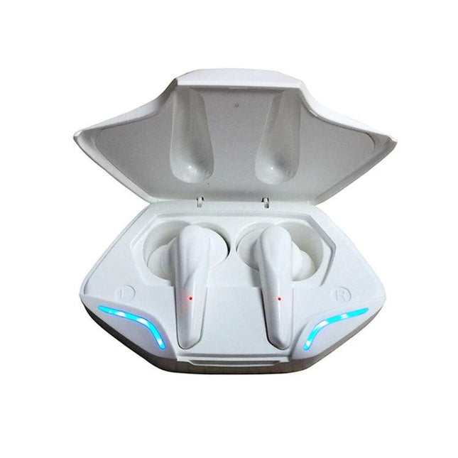 True Wireless In Ear Earbuds With Low Latency For Mobile Gaming white TWS-G11 earbuds in open charging case with LED indicators