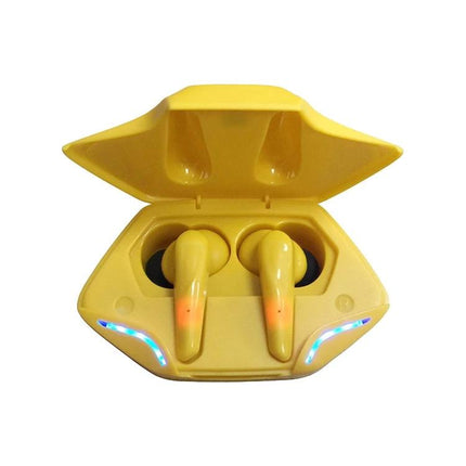 True Wireless In Ear Earbuds With Low Latency For Mobile Gaming yellow TWS-G11 case with LED indicators and open lid