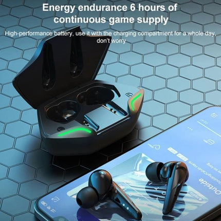 True Wireless In Ear Earbuds With Low Latency For Mobile Gaming black TWS-G11 earbuds, LED charging case shown